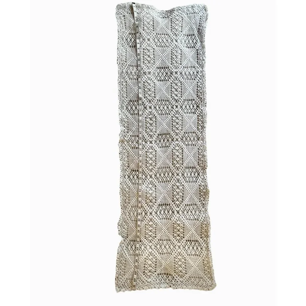 Hand-Crocheted White Lace Table Runner Dresser Scarf Shawl 51x17 Granny core VTG